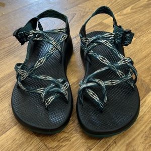 Women’s Chaco Sandals, Size 9, Black base with teal pattern straps